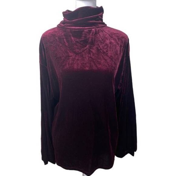 GO SILK TOP LONG SLEEVE VELVET TURTLENECK BURGUNDY RED PURPLE FESTIVE HOLIDAYS - Picture 1 of 5